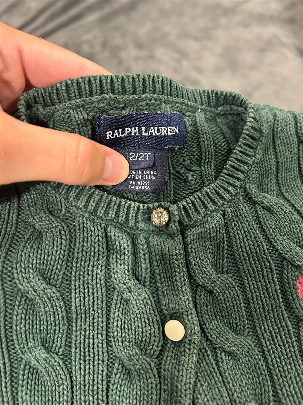 Ralph Lauren Dark Green Cable Knit Peplum Cardigan with Pink Pony